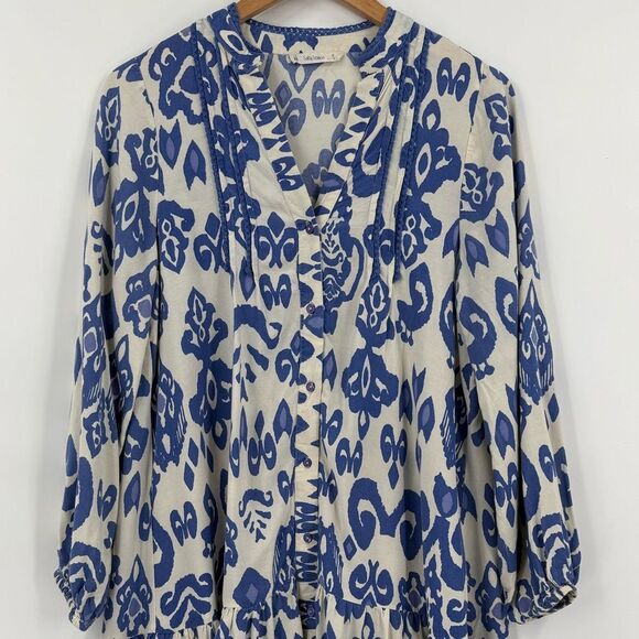 Salty Lemon Boho Print Button Front Tunic Dress in Ivory/Blue | Small - Picture 5 of 7